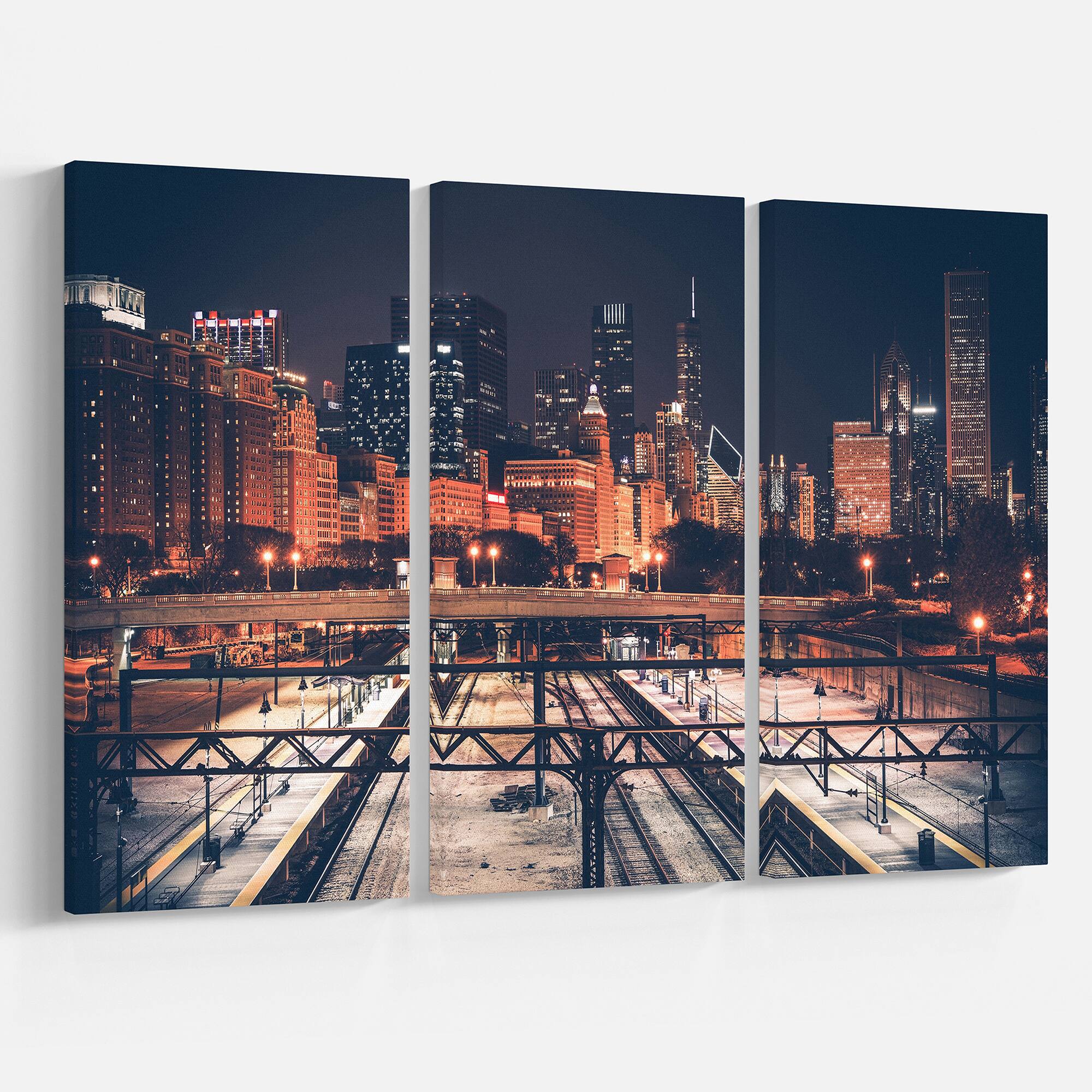 Designart - Dark Chicago Skyline and Railroad